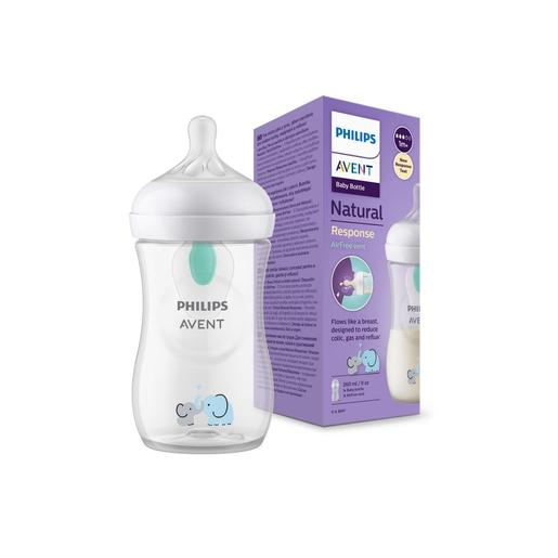 Philips Avent - Biberão Natural com Tetina de Resposta Natural e Decoração de Elefante com Válvula Airfree 260 ml 1m+ | Sem BPA