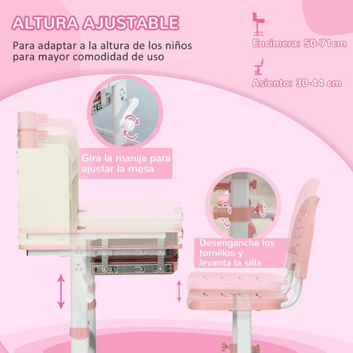 Homcom - Secretária com estante e cadeira com altura ajustável Branco e Rosa