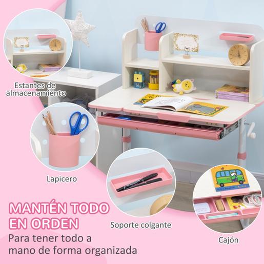 Homcom - Secretária com estante e cadeira com altura ajustável Branco e Rosa